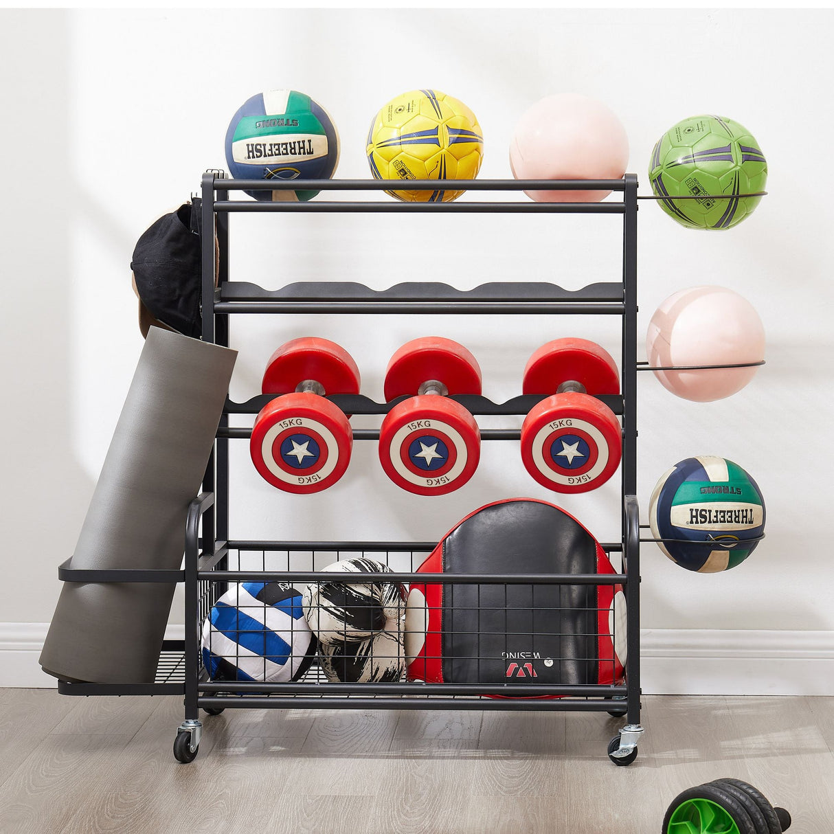 Multi-Purpose 4-Tier Metal Rolling Organizer for Sports Gear with Baskets and Hooks