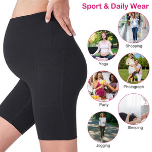 Women Maternity bike Shorts Seamless Pregnancy Short Underwear Shapewear Fitness Yoga maternity alethic Shorts High Waist Over the Belly Pants with Two Side Pockets