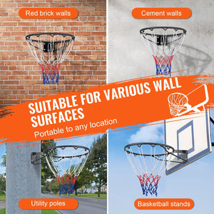 Heavy Duty Q235 Basketball Rim - Wall Mounted Indoor Outdoor Hoop with Net & Double Spring for Kids & Adults