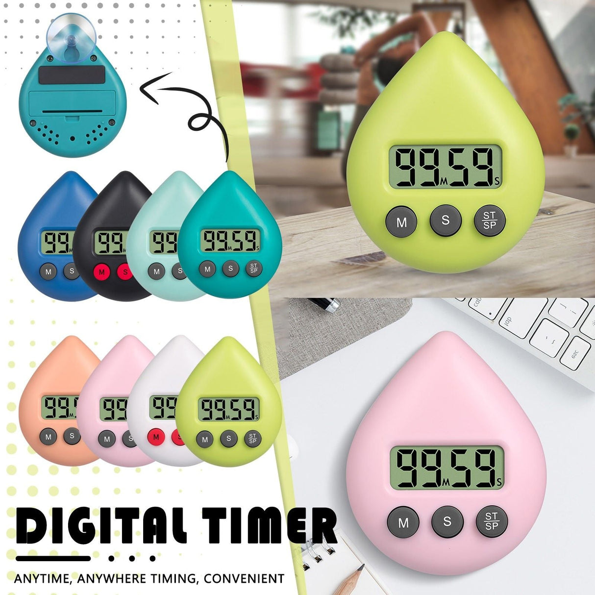 LED Counter Display Alarm Clock Manual Electronic Countdown Sports Sucker Digital Timer Kitchen Cooking Shower Study Stopwatch
