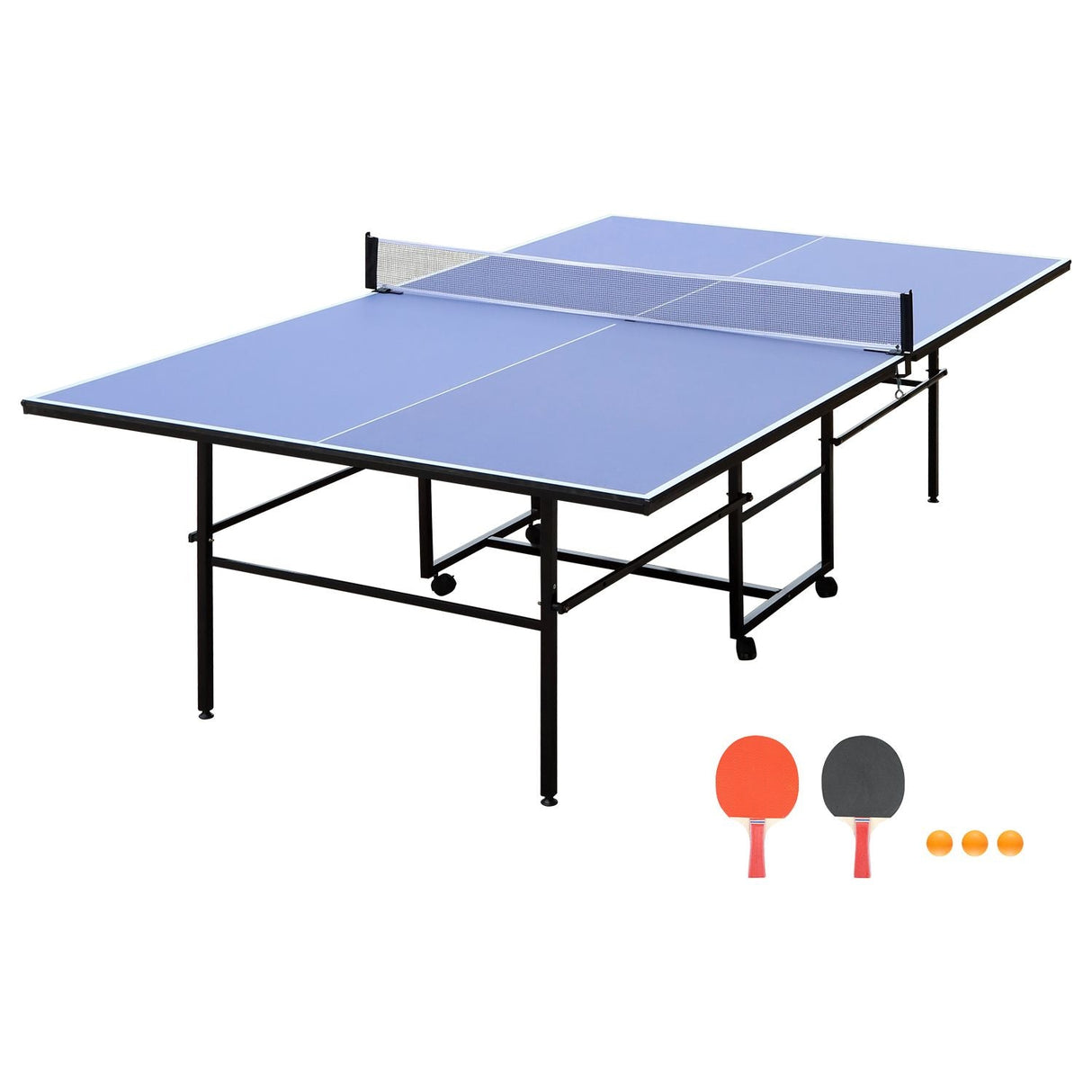 9ft Tennis Table Foldable & Portable Ping Pong Table Set for Indoor Games with Net, 2 Table Tennis Paddles and 3 Balls