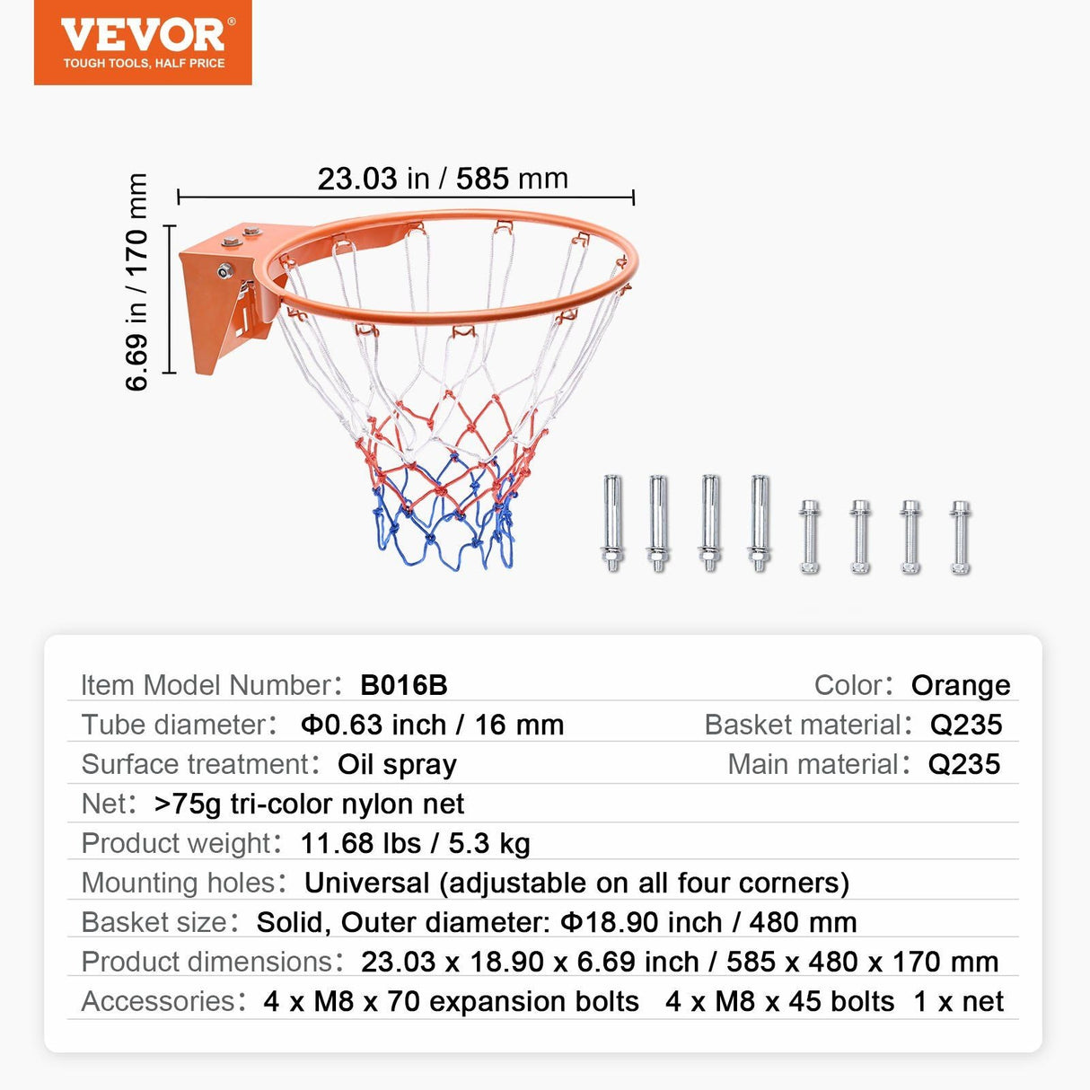 Durable Wall-Mounted Basketball Rim with Net - Indoor/Outdoor Basketball Goal
