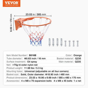 Durable Wall-Mounted Basketball Rim with Net - Indoor/Outdoor Basketball Goal