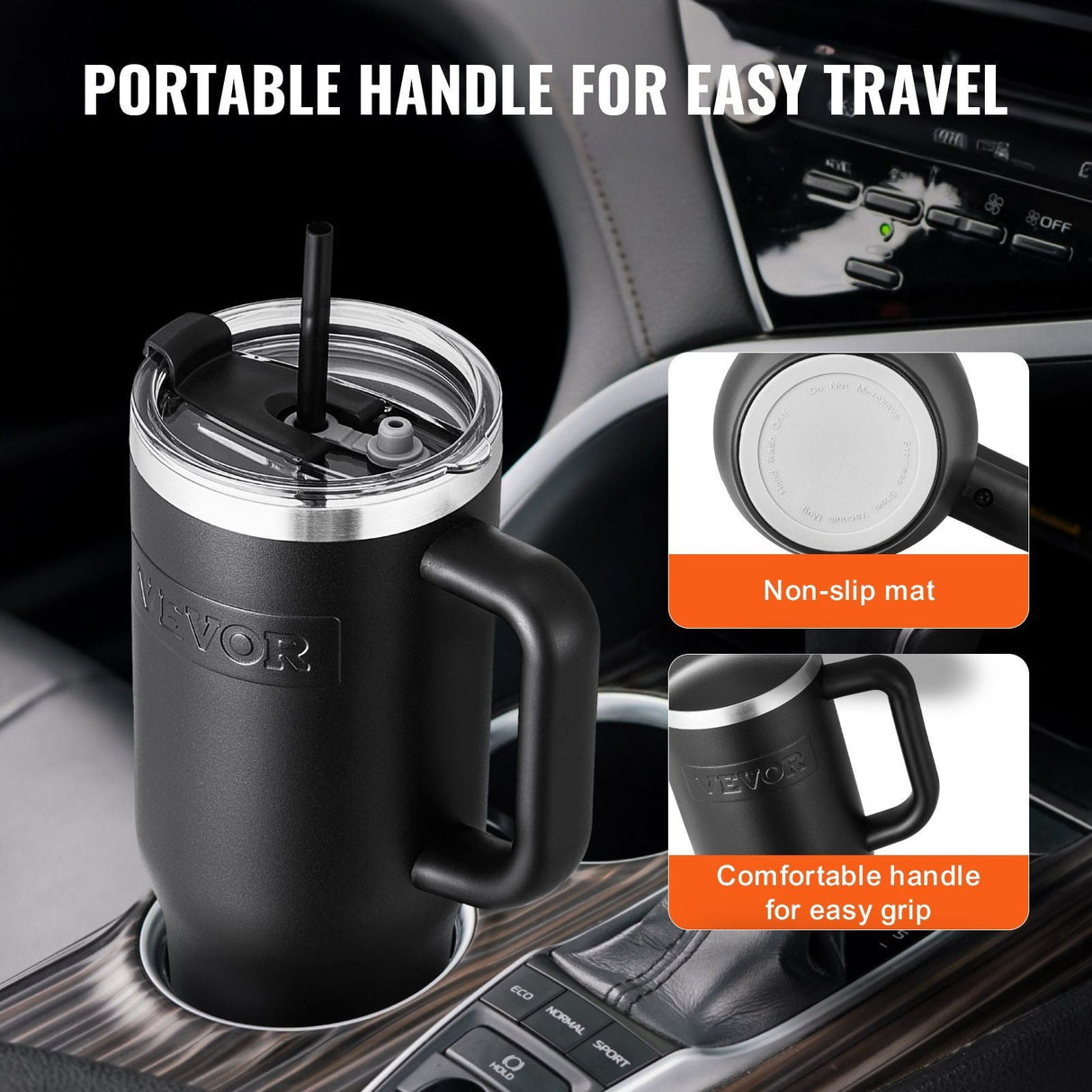 40 oz tumbler Insulated rambler Stainless Steel Coffee Cup Handheld Black