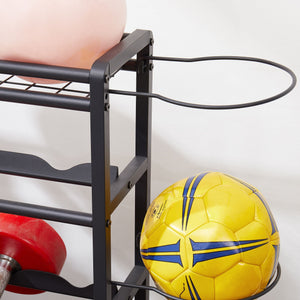 Multi-Purpose 4-Tier Metal Rolling Organizer for Sports Gear with Baskets and Hooks