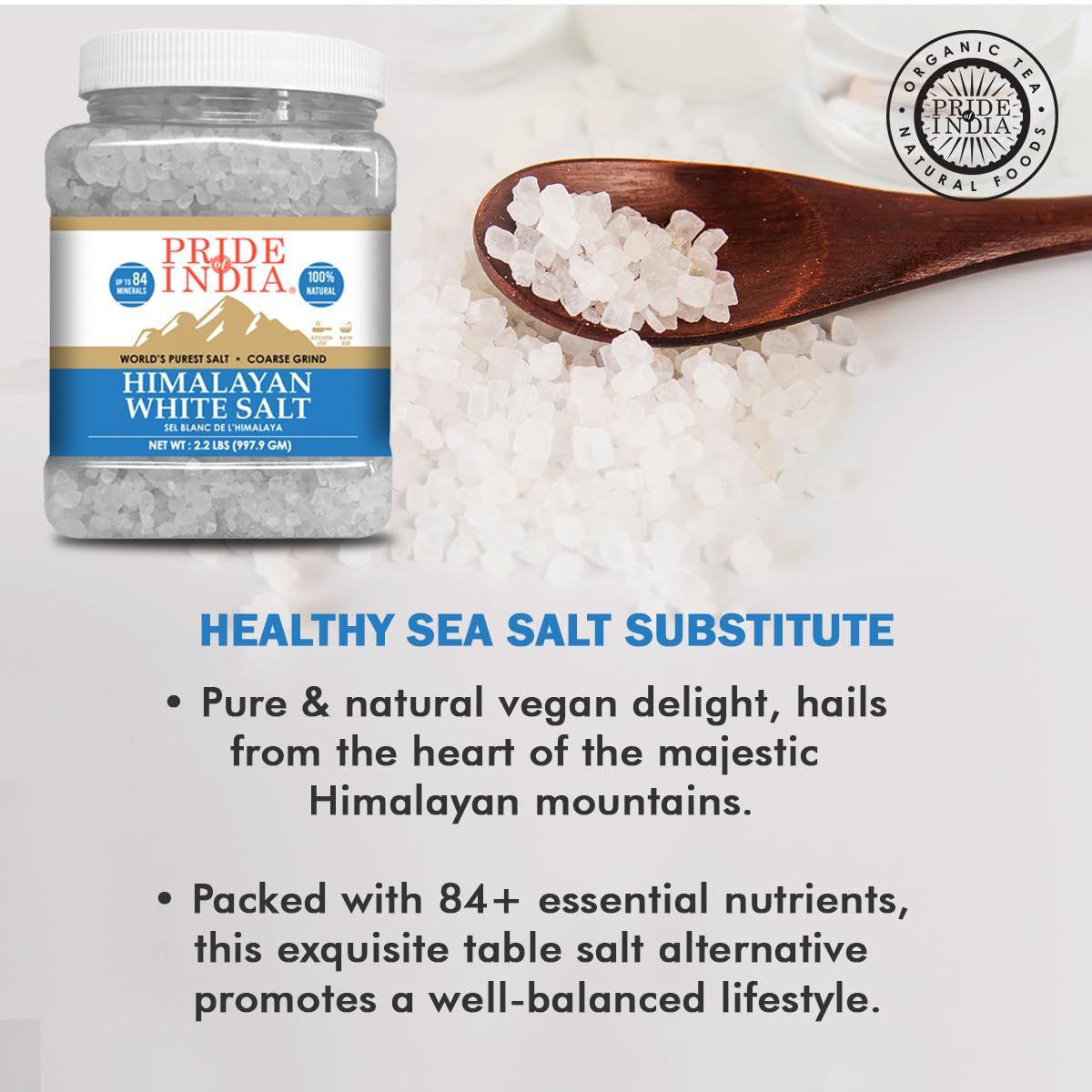 Himalayan White Salt by Pride of India - 2.2Lbs - Rarest & Enriched W/84+ Natural Minerals- Low Sodium- Mineral Rich Nutrition and Enhanced Taste- Healthier Table Salt Substitute