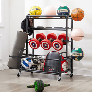 Multi-Purpose 4-Tier Metal Rolling Organizer for Sports Gear with Baskets and Hooks