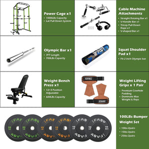 100lb Green Home Gym Set Multi-functional Power Cage, Home Adjustable Pullup Squat Rack 1000Lbs Capacity Comprehensive Fitness Barbell Rack