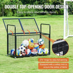 Heavy-Duty Lockable Sports Ball Storage Cart - Double Lid Organizer for Home and Gym