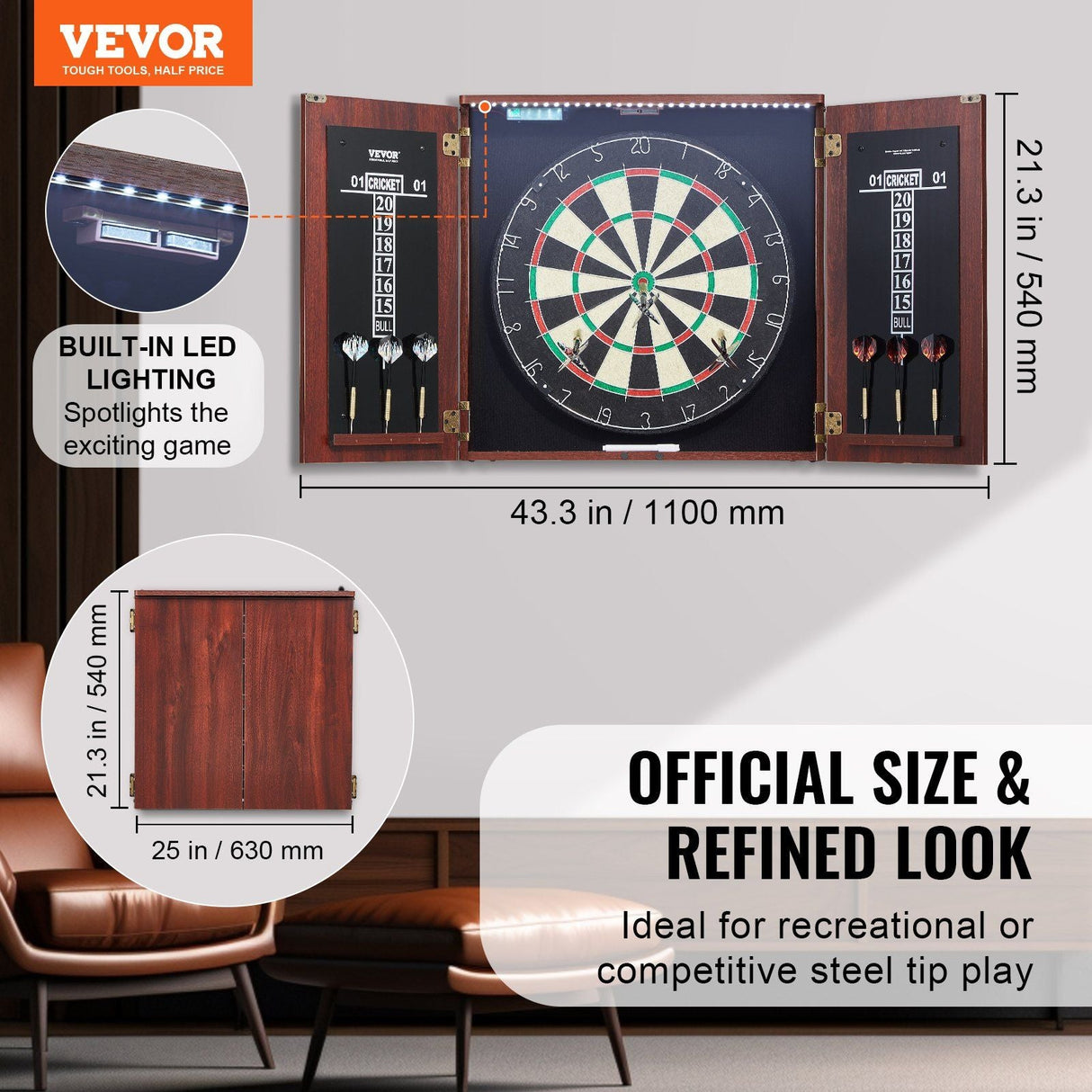Dartboard and Cabinet Set Official Size Complete dart board Accessory Steel Tip Dart