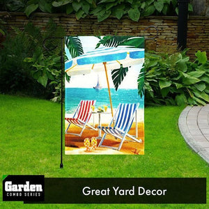 Combo Pack Garden Flag Stand Black 36x16 Inch & Garden Flag Beach Summer with Chairs Umbrella 12x18 Inch