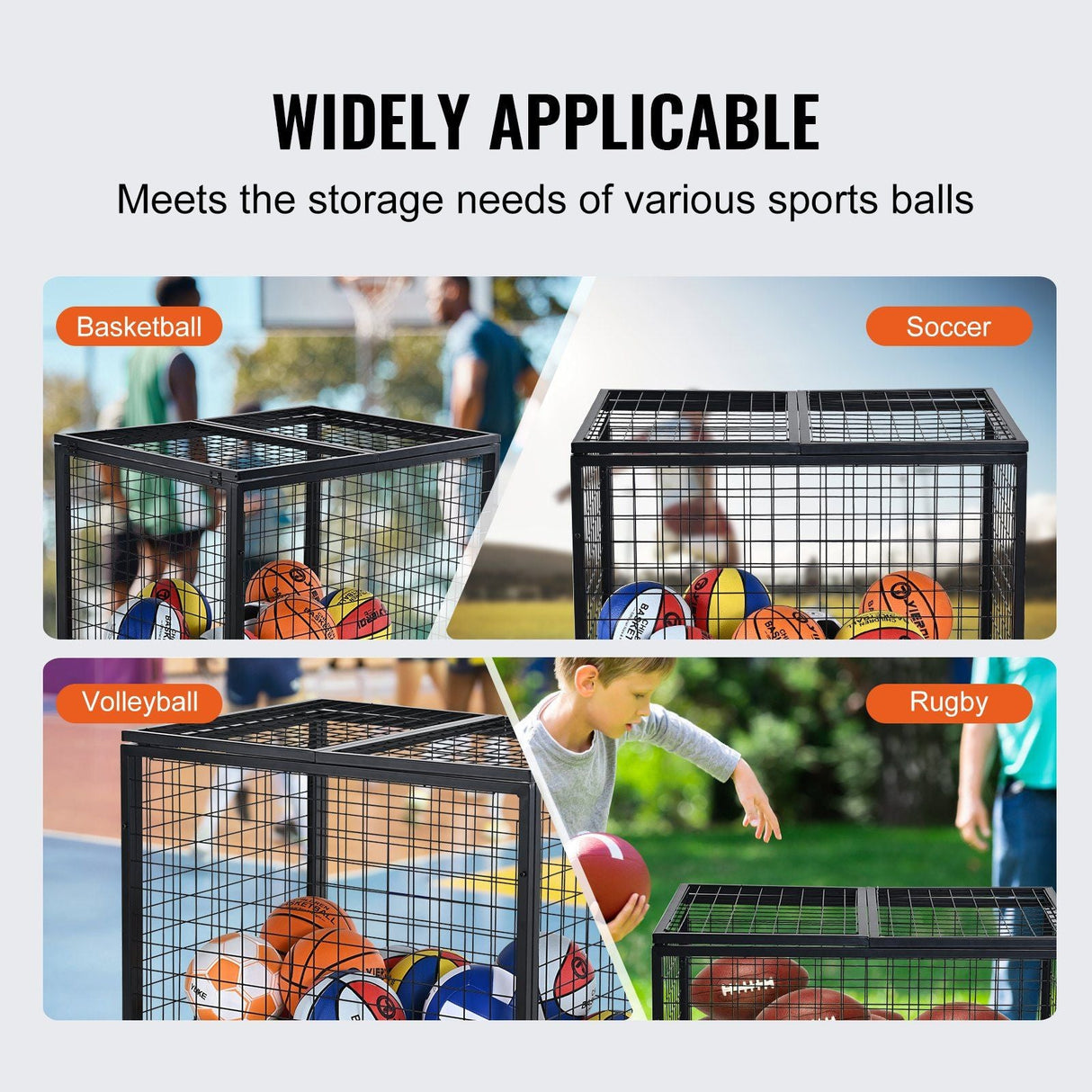 Heavy-Duty Sports Ball Storage Cart with Lockable Basketball Cage and Double Lids