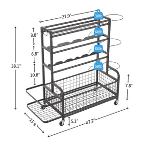 Multi-Purpose 4-Tier Metal Rolling Organizer for Sports Gear with Baskets and Hooks