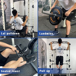 1000 lbs. capacity Blue Multi-functional Power Cage, Home Adjustable Pullup Squat Rack Comprehensive Fitness Barbell Rack Olympic Bar