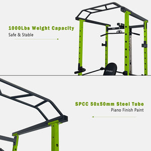 1000 lbs capacity Green Multi-functional Power Cage, Home Adjustable Pullup Power Rack Comprehensive Fitness Barbell Rack Olympic Bar