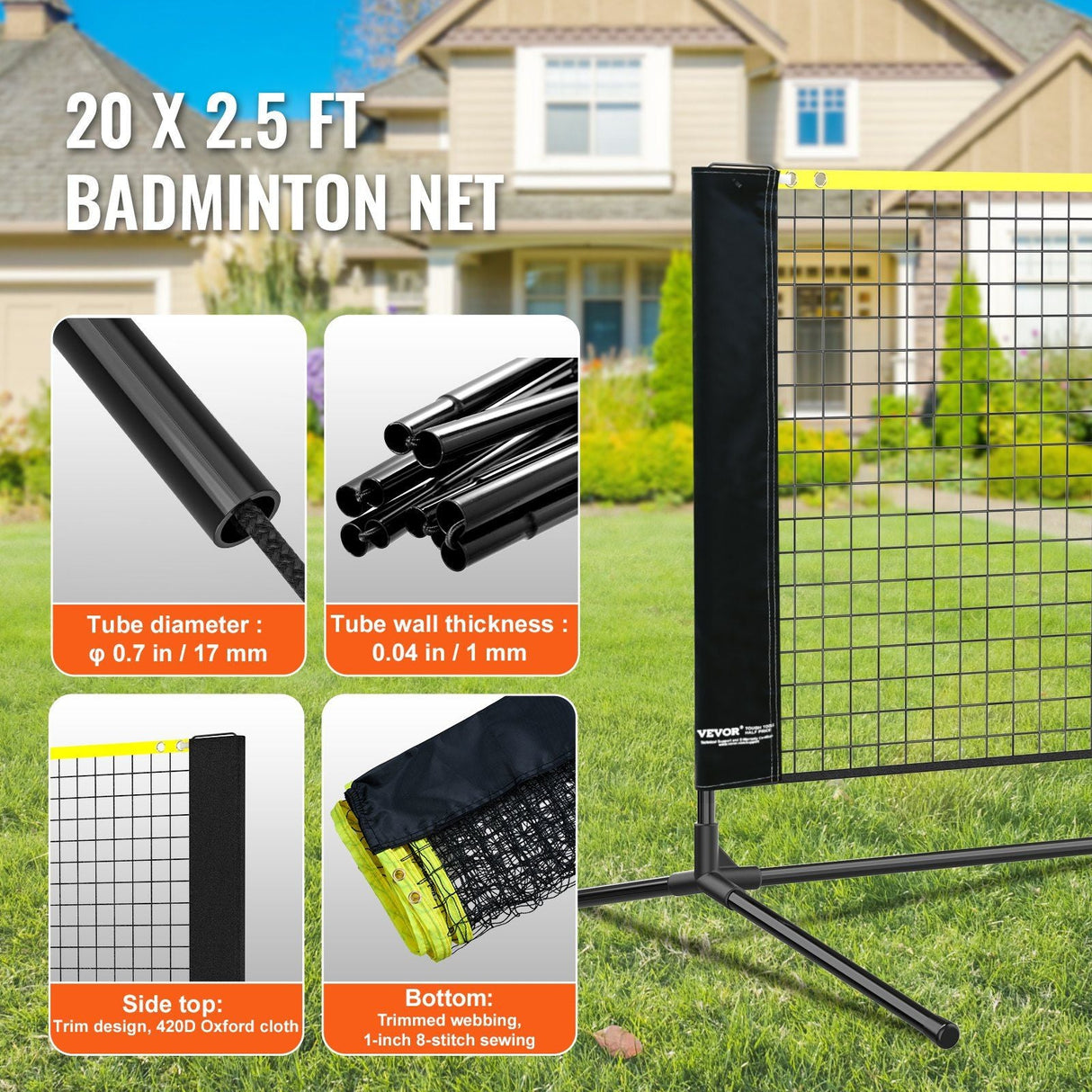 Badminton Net, Height Adjustable Volleyball Net, 20ft Wide Foldable Pickleball Net, Portable Tennis Net Set with Poles, Stand, Bag,