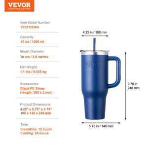 40 oz rambler Insulated tumbler Stainless Steel Coffee Cup Handheld Blue