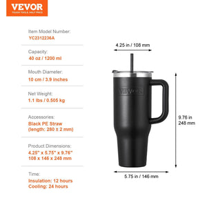 40 oz tumbler Insulated rambler Stainless Steel Coffee Cup Handheld Black