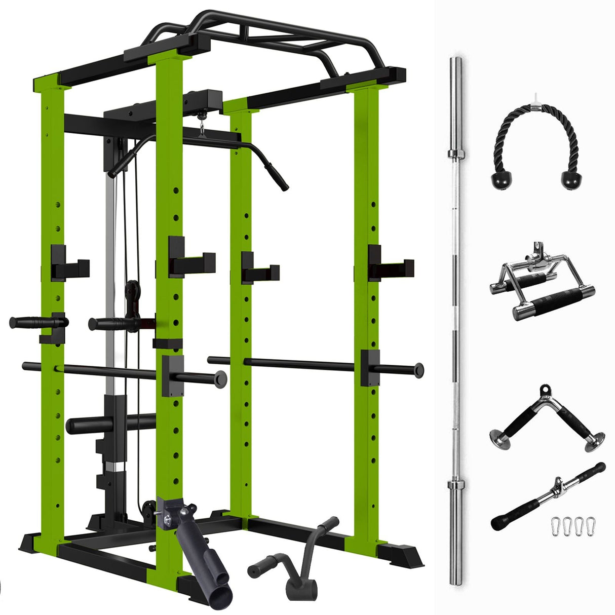 1000 lbs capacity Green Multi-functional Power Cage, Home Adjustable Pullup Power Rack Comprehensive Fitness Barbell Rack Olympic Bar