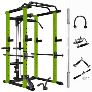 1000 lbs capacity Green Multi-functional Power Cage, Home Adjustable Pullup Power Rack Comprehensive Fitness Barbell Rack Olympic Bar