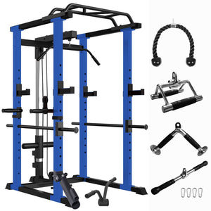 1000 lbs. capacity Blue Multi-functional Power Cage, Home Adjustable Pullup Squat Rack Comprehensive Fitness Barbell Rack