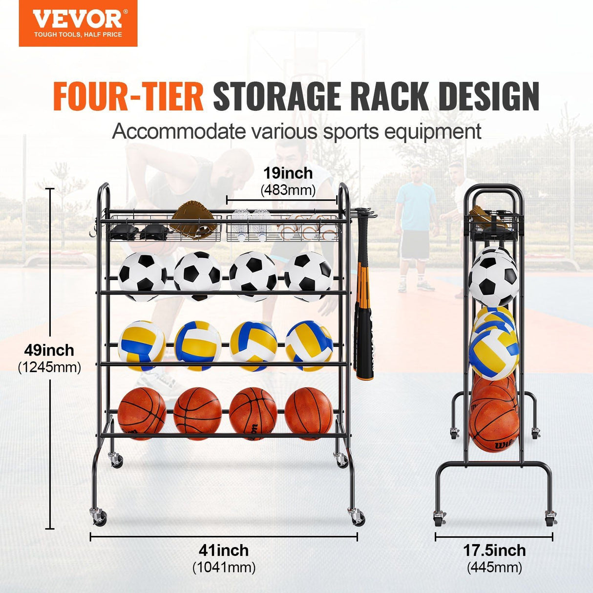 Rolling 4-Layer Basketball Rack with Wheels - Versatile Sports Equipment Holder