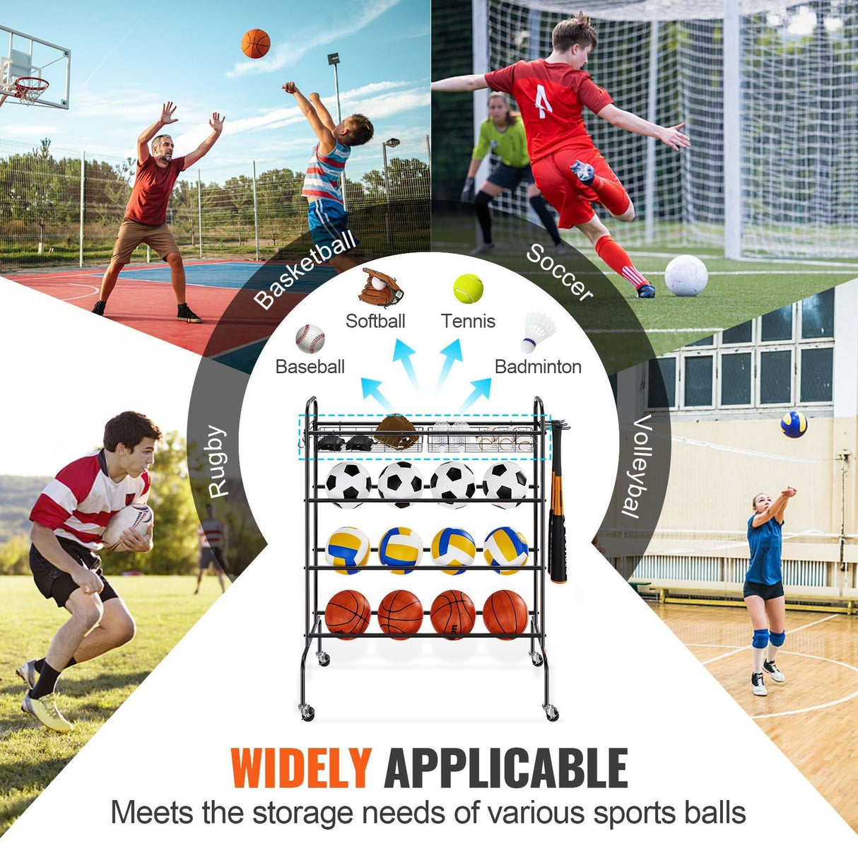 Rolling 4-Layer Basketball Rack with Wheels - Versatile Sports Equipment Holder