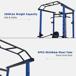 1000 lbs. capacity Blue Multi-functional Power Cage, Home Adjustable Pullup Squat Rack Comprehensive Fitness Barbell Rack