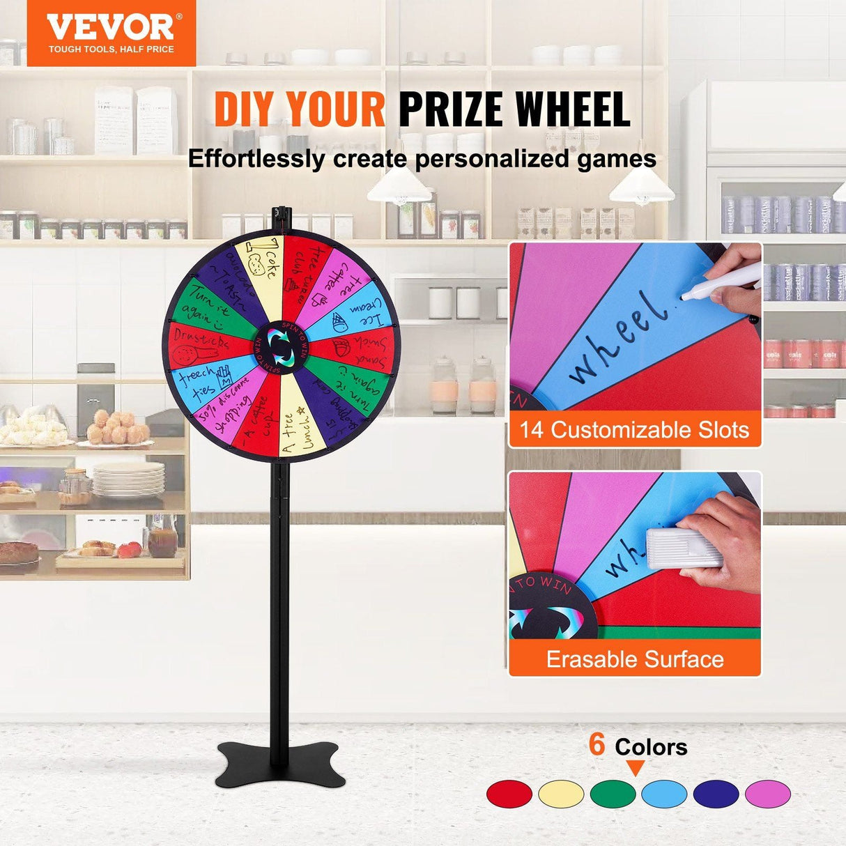 24-inch Prize Wheel, 14 Slots Spinning Wheel, Roulette Wheel with a Dry Erase and 2 Markers, Tabletop or Floor Standing
