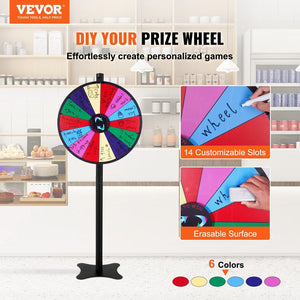 24-inch Prize Wheel, 14 Slots Spinning Wheel, Roulette Wheel with a Dry Erase and 2 Markers, Tabletop or Floor Standing