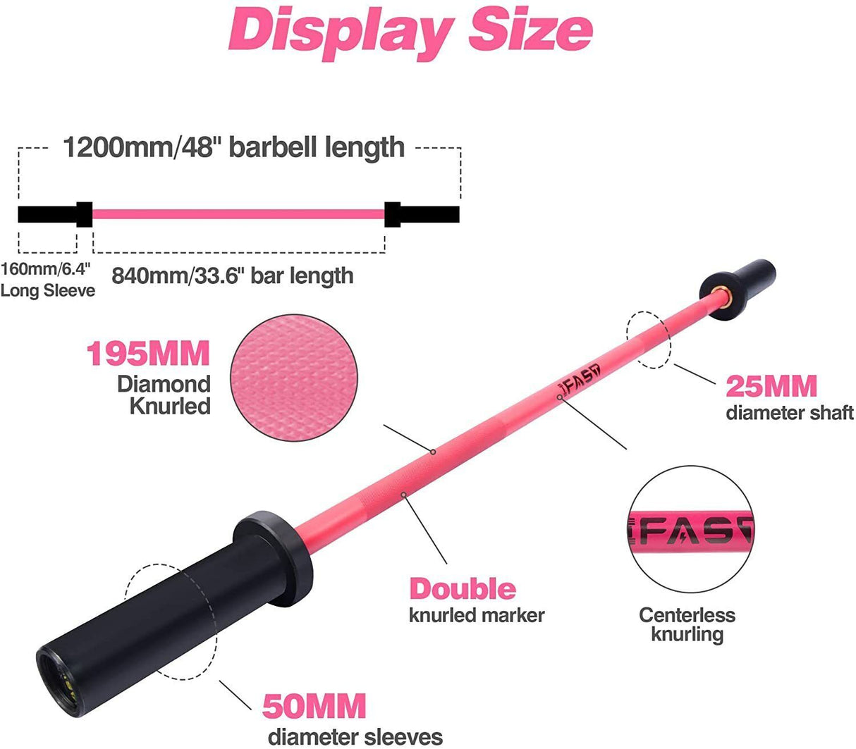 Pink Olympic Barbell Bar, 4Ft Solid Chrome Weight Bar with Bearings, 400Lbs Capacity Weightlifting Bar for Home Gym Workout Strength Training Squat, Suitable for 2-Inch Plates