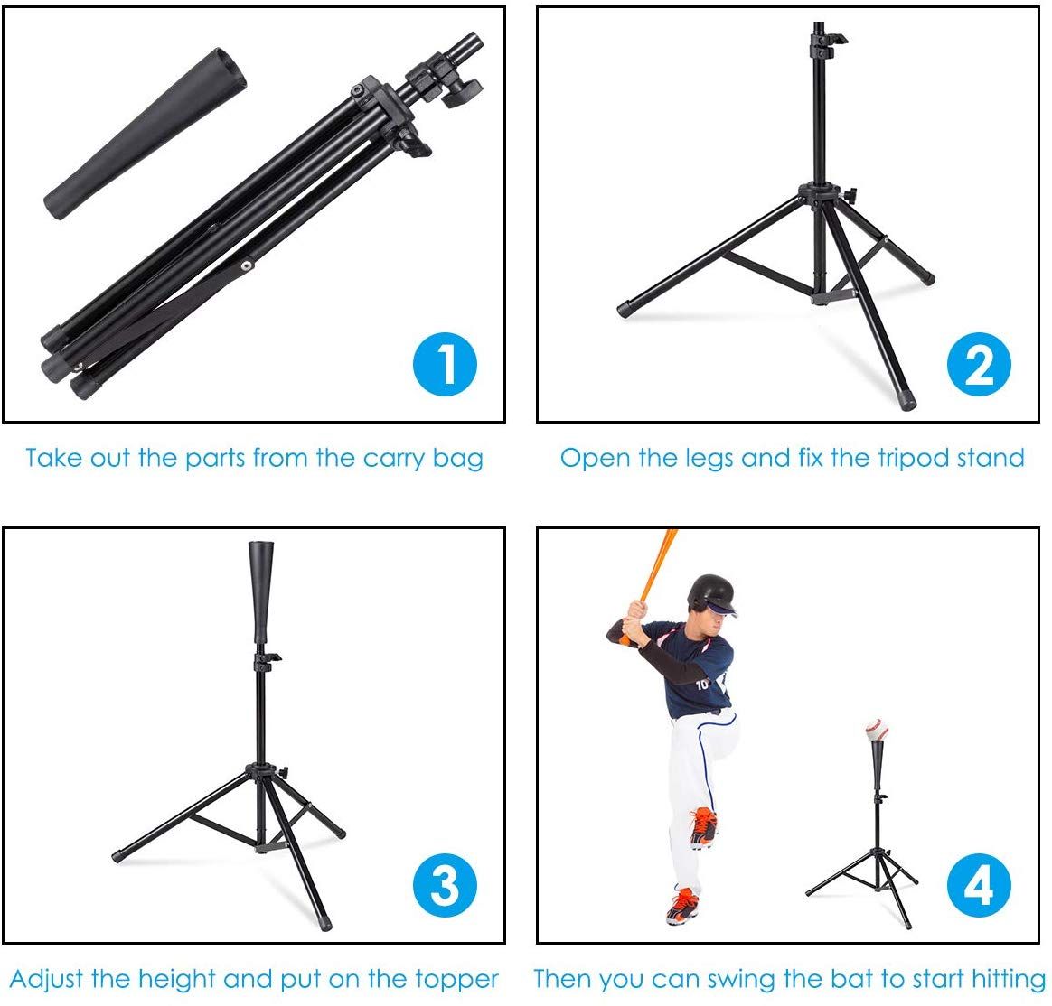 Portable Batting Tee Tripod Stand for Hitting Drill Coaching Aid, Adjustable Height 31 Inches - 46.5 Inches, Batting Tee Baseball and Softball Travel