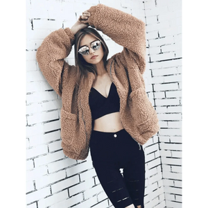 Durable Autumn Winter Faux Fur Coat For Women Casual Warm Soft Zipper Fur Jacket Plush Overcoat Pocket Plus Size Teddy Coat For Female