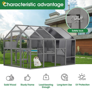 Luxury Cat Cage Outdoor Wooden Catio Enclosure Patio Large Cat Run House For Multiple Pets Walk In Kitten Kennel With Bouncy Bridge, Platforms, Small Houses, Seating And Sunshine Panel - Gray by Couch.com