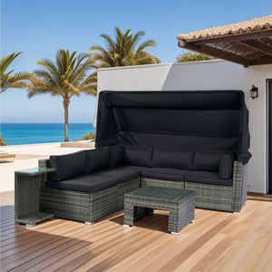 7 Piece Patio Furniture Set With Retractable Canopy Wicker Rattan Sectional Sofa Set Patio Furniture With Washable Cushions For Lawn, Garden, Backyard, Poolside Wicker And Cushion - Gray / Black by Couch.com