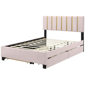 Upholstered Platform Bed With 2 Drawers And 1 Trundle, Classic Strip Headboard Design by Couch.com