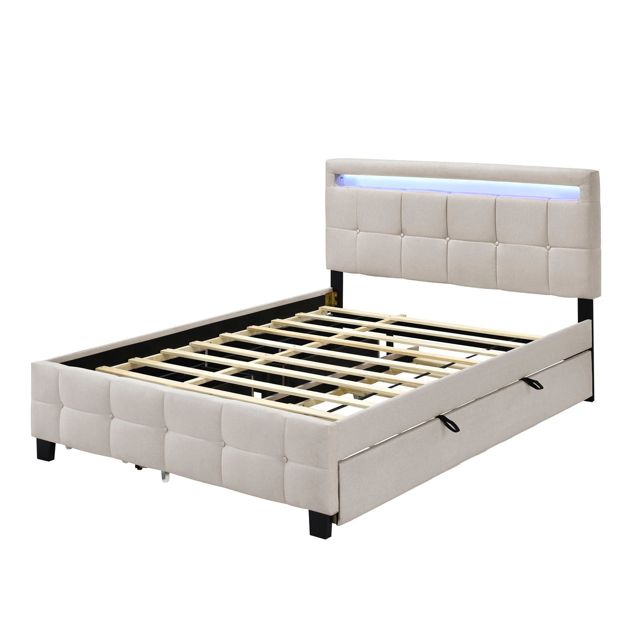A beige upholstered platform bed features a tufted headboard and footboard, an LED light strip on the headboard, side storage drawers, and visible wooden slats without a mattress.