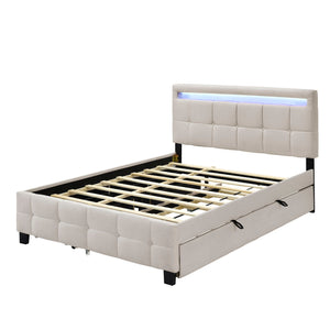 A beige upholstered platform bed features a tufted headboard and footboard, an LED light strip on the headboard, side storage drawers, and visible wooden slats without a mattress.