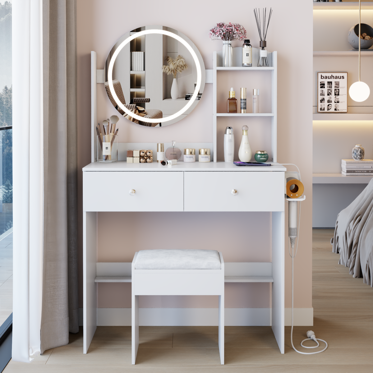 17' Round LED Mirror Vanity Table+Cushioned Stool, Equipped With 2 AC+2 USB Power Socket, Big Mirror, Touch Switch, 3 Colors, Adjustable Brightness, Large Desktop, Multi-layer High Capacity Storage