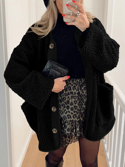 Modern Cozy Women Luxuriously Cozy Contrast Button Up Sherpa Jacket with Pockets For Fall & Winter