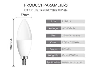 E14 LED Bulb Candle Color Indoor Neon Sign Light Bulb RGB Tape With Controller Lighting 220V E12 Dimmable Smart Lamp For Home Smart WiFi Candelabra Light Bulb, C37 Shape RGB+C+W LED Candle Light Bulb, 5W 400LM (2700k-6500k) Candelabra Bulb