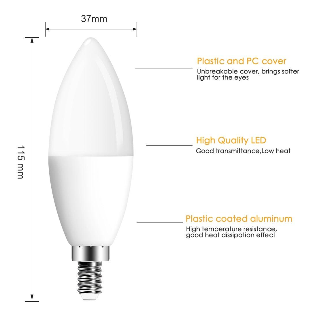 E14 LED Bulb Candle Color Indoor Neon Sign Light Bulb RGB Tape With Controller Lighting 220V E12 Dimmable Smart Lamp For Home Smart WiFi Candelabra Light Bulb, C37 Shape RGB+C+W LED Candle Light Bulb, 5W 400LM (2700k-6500k) Candelabra Bulb