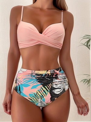 Tropical Vibe High Waist Bikini Set – Flirty V-Neck Swimsuit with Layered Colorblock High Cut Bottom Crisscross Strap Detail & Ultra-Stretch Comfort – Women's Two Piece Swimwear for Summer Beach Pool & Vacation Fun