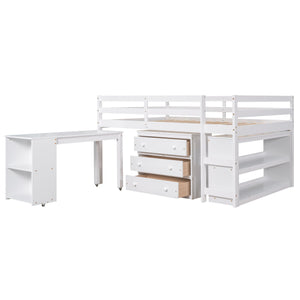Loft Low Study Bed With Cabinet, Shelves And Rolling Portable Desk, Multiple Functions by Couch.com