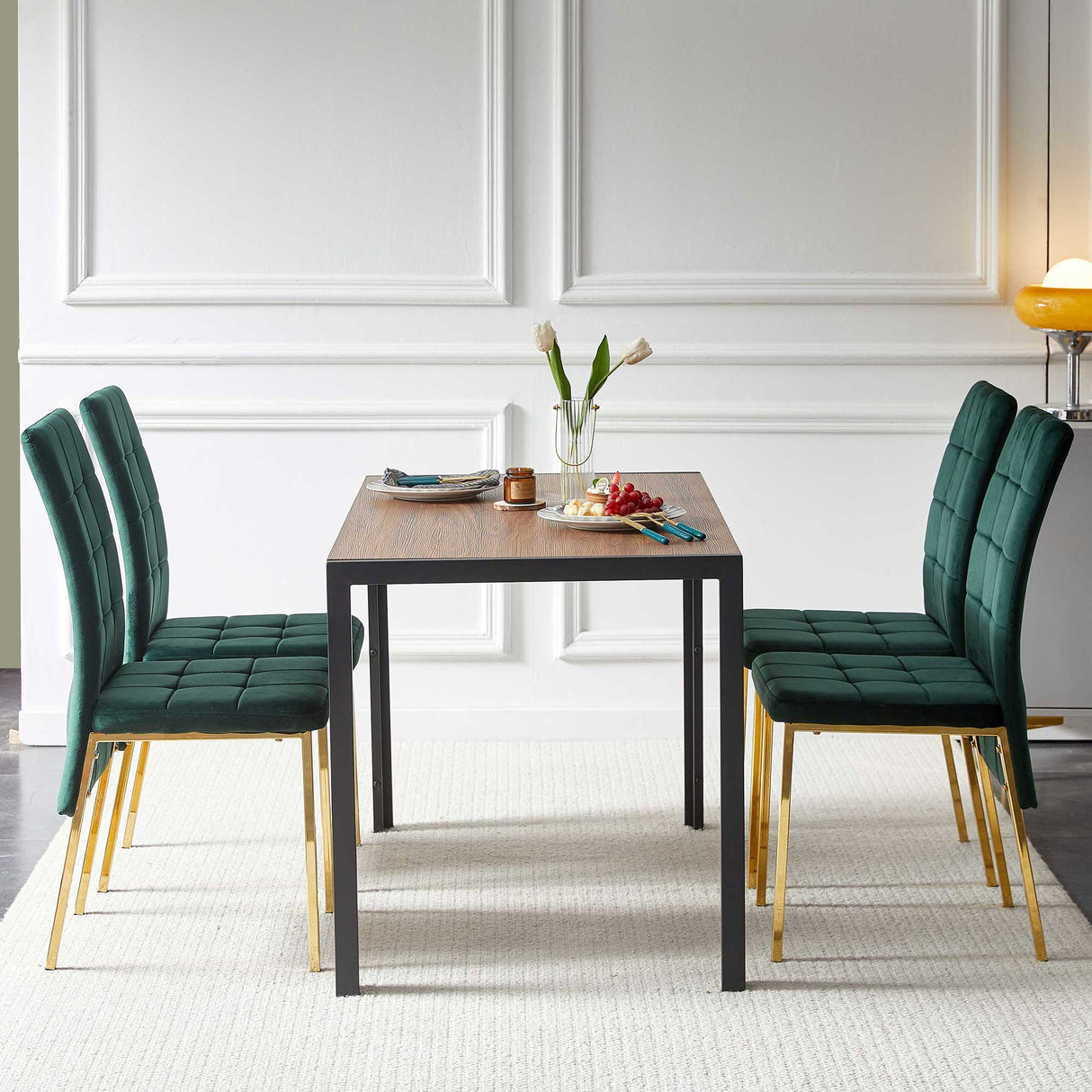 5 Pieces Dining Set Including Velvet High Back Golden Color Legs Nordic Dining Chair & Creative Design Dining Table by Couch.com