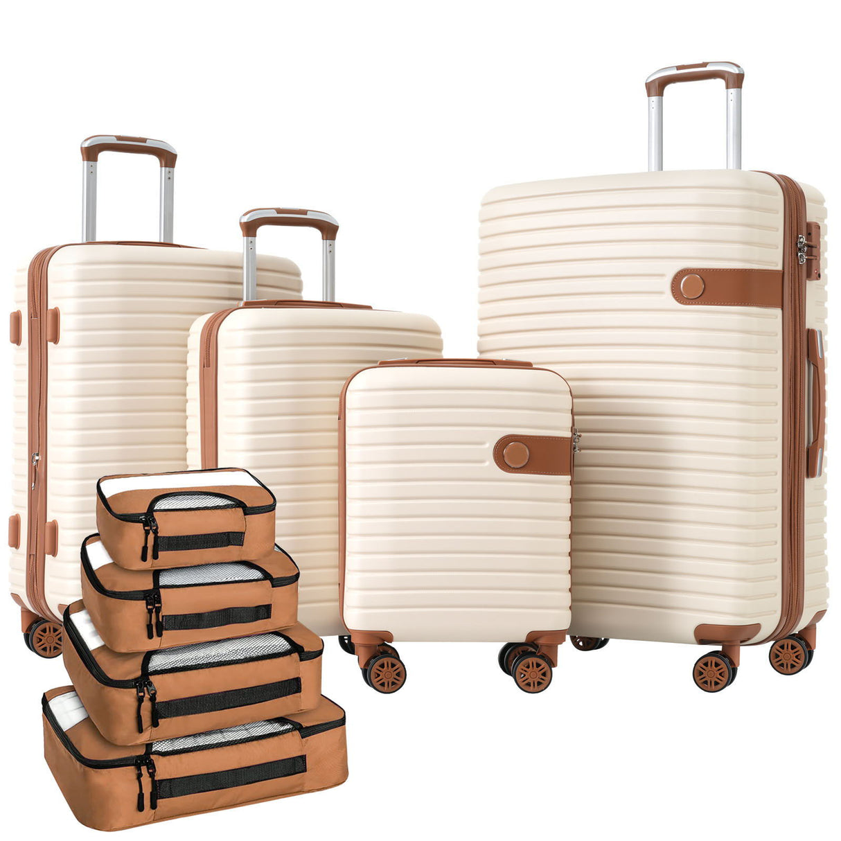 The 4 Piece Luggage Suitcase Set includes beige hard shell, lightweight expandable wheeled suitcases with telescopic handles and brown accents, plus four packing cubes for organized travel.