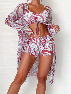 Modern Geo 3-Piece Bikini Set – Vibrant Geometric Print Fluttering Swimwear with V-Neck Top Boxer Shorts Bottoms and Long Sleeve Cover Shirt – Comfortable High-Stretch Women’s Beachwear for Pool & Summer Vacations