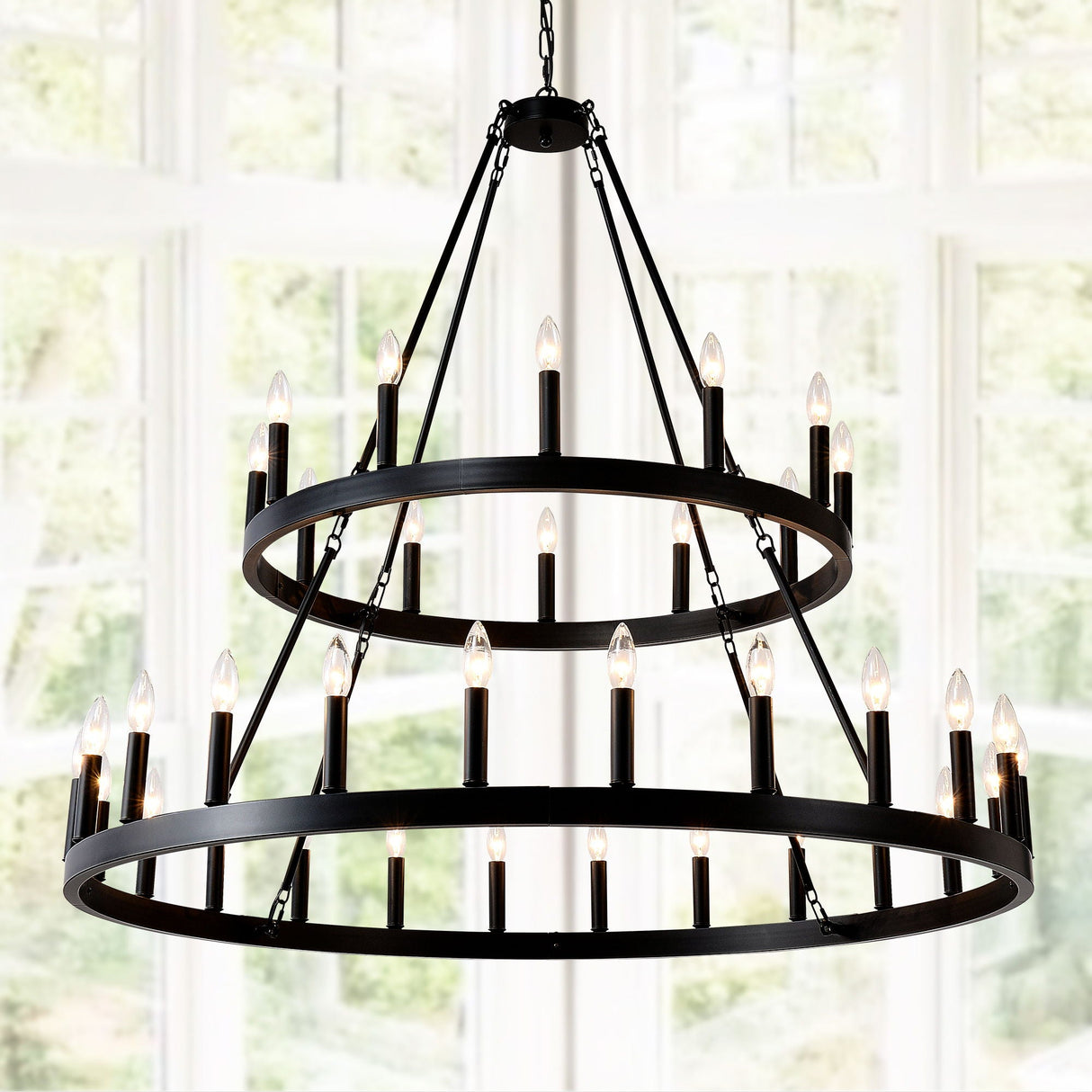 2 Tiers Wagon Wheel Chandelier Wooden Farmhouse 36 Light (24 / 12) Or (12 / 24) Metal Chandeliers 2 Story Light Fixtures Industrial For High Ceiling Living Dining Room Foyer, Adjustable Height - Black by Couch.com