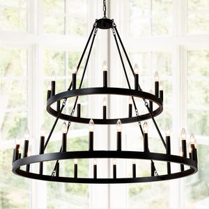 2 Tiers Wagon Wheel Chandelier Wooden Farmhouse 36 Light (24 / 12) Or (12 / 24) Metal Chandeliers 2 Story Light Fixtures Industrial For High Ceiling Living Dining Room Foyer, Adjustable Height - Black by Couch.com