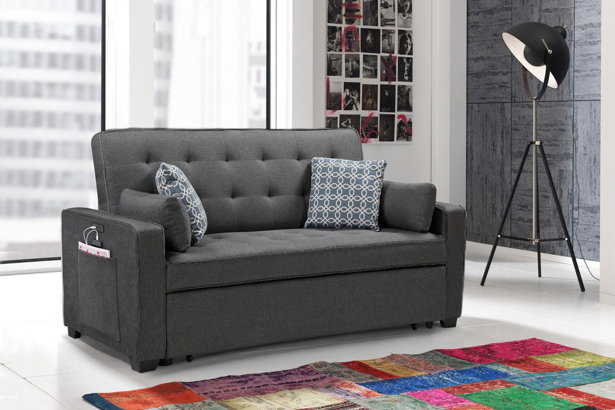 William - Modern Fabric Sleeper Sofa With 2 USB Charging Ports And 4 Accent Pillows - Gray by Couch.com